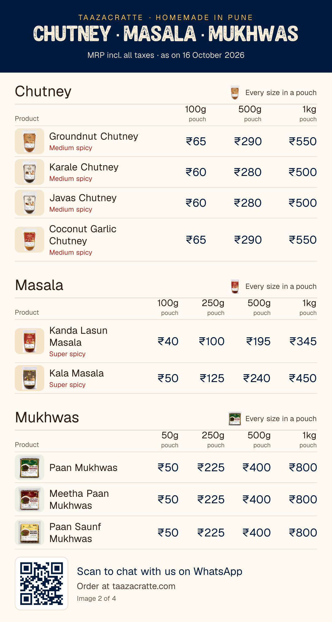 Price list page 2: Chutney, Masala, Mukhwas